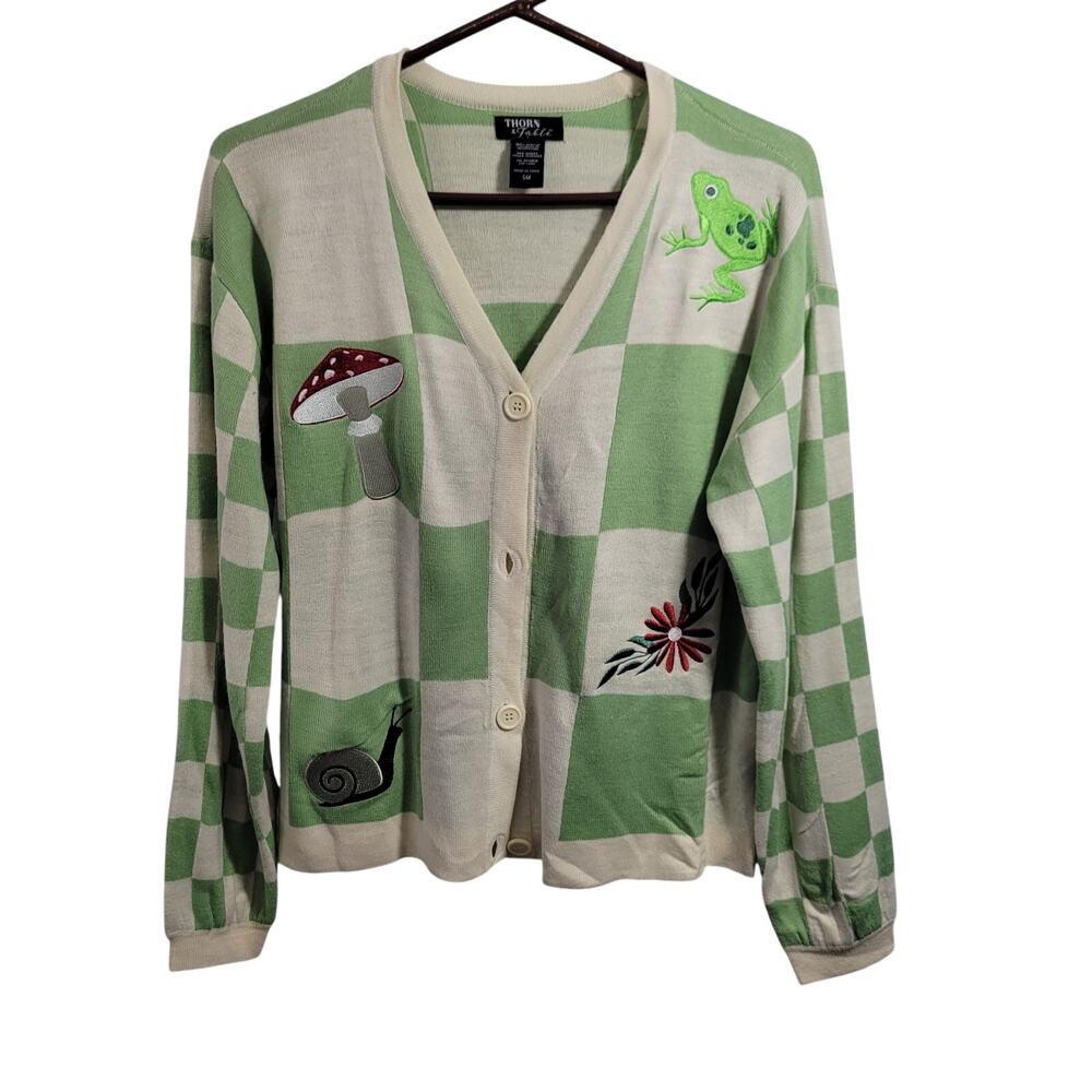 Thorn & Fable Cottagecore Patchwork Green & Cream Embroidered Cardigan 61426-368